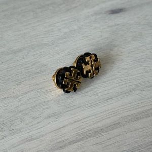 Tory Burch Black & Gold Logo Flower Resin Stud Earrings